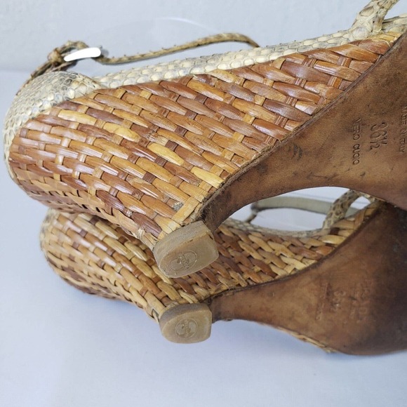 Prada Snake Leather Ankle Strap Woven Raffia Wedge Heel Sandals Size 36.5 Italy - Picture 14 of 16